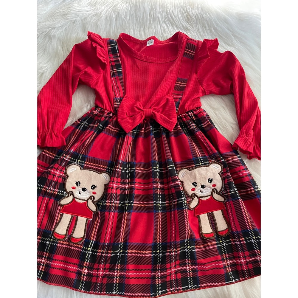 Red Plaid Christmas Holidays Girl's Teddy Bear Appliqué Dress Size 2-3 Years